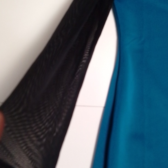 Oze dress bodycon teal mesh sleeves faux leather trim size  medium - Picture 3 of 7